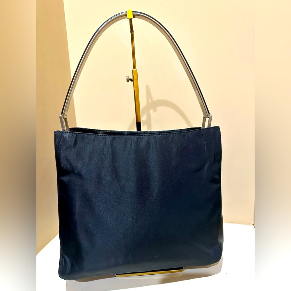 Prada Tessuto and Black Leather Metal Handle Bag